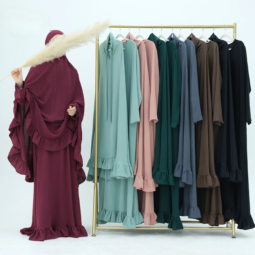 Muslim Set Hijabi Ruffles Jilbab 2 Piece Set Extra Long Khimar Scarf  Abaya Dress Dubai Muslim Women Islamic Prayer Clothes Suit