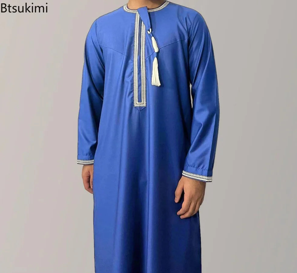 New Men's Muslim Fashion Abayas Dress O Neck Long Sleeve Pullover Kaftan Pakistan Saudi Arab Caftan Islamic Clothing Prayer Robe