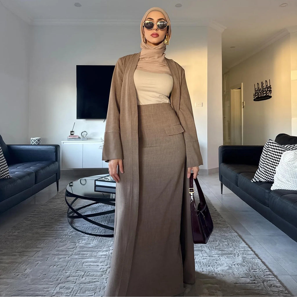 Eid Muslim Sets Women Kimono Cardigan Skirt 2 Piece Dress Turkey Outfit Islam Clothing Dubai Abaya Suit Ensemble Femme Musulmane