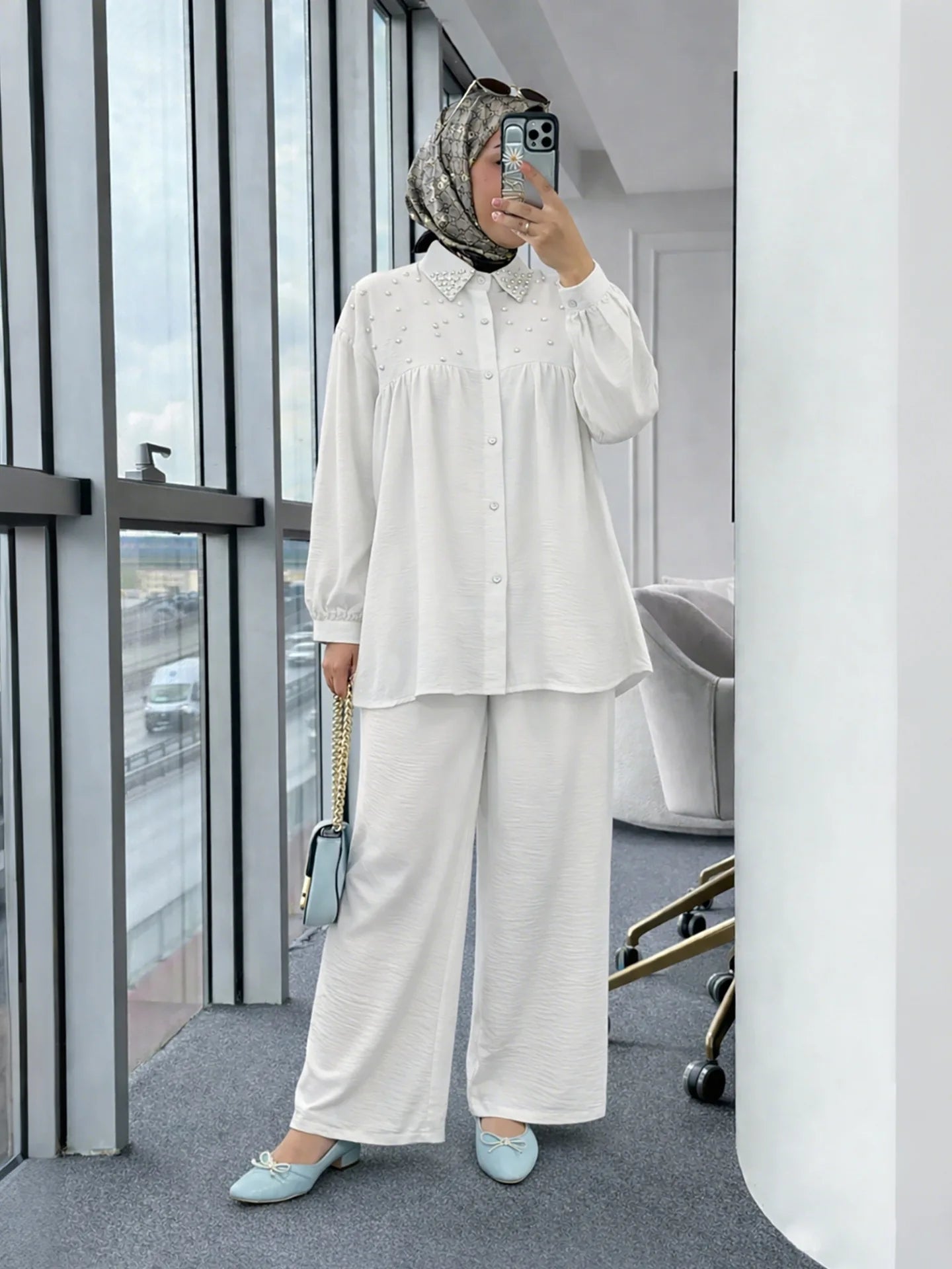 2PCS Eid Muslim Sets for Women Beaded Shirt and Pants Islam Clothing Turkey Abaya Tops Trousers Ramadan Outfits Femme Ensembles