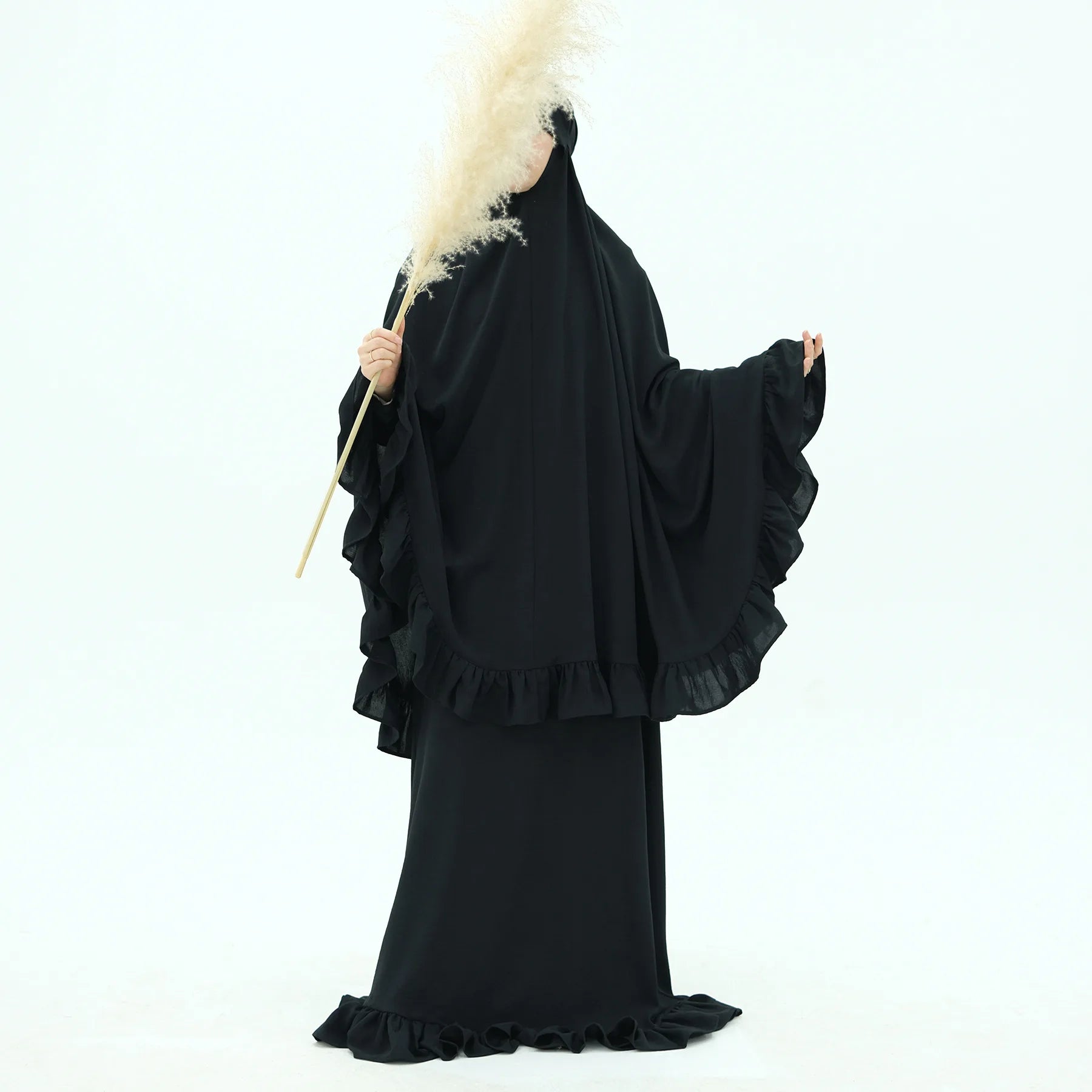 Muslim Set Hijabi Ruffles Jilbab 2 Piece Set Extra Long Khimar Scarf  Abaya Dress Dubai Muslim Women Islamic Prayer Clothes Suit