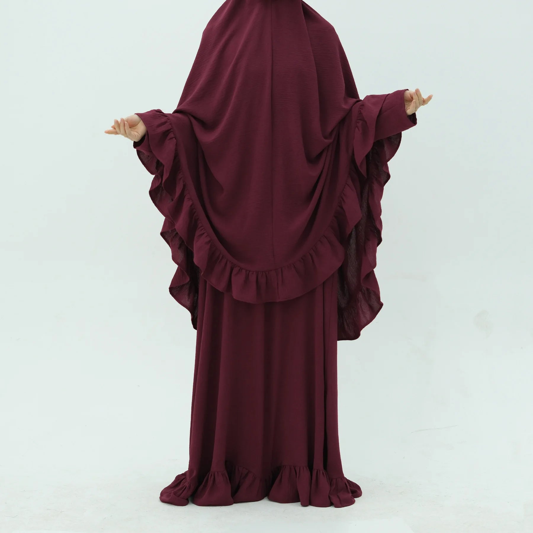 Muslim Set Hijabi Ruffles Jilbab 2 Piece Set Extra Long Khimar Scarf  Abaya Dress Dubai Muslim Women Islamic Prayer Clothes Suit