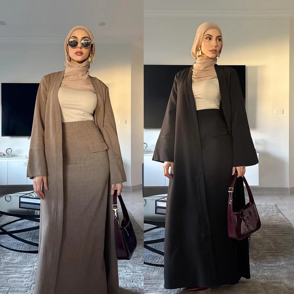 Eid Muslim Sets Women Kimono Cardigan Skirt 2 Piece Dress Turkey Outfit Islam Clothing Dubai Abaya Suit Ensemble Femme Musulmane