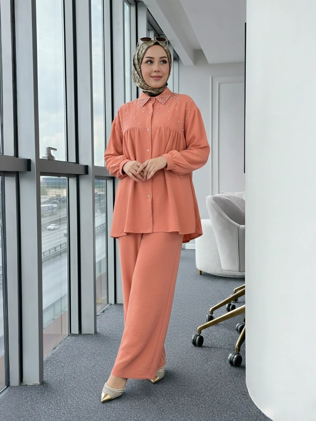 2PCS Eid Muslim Sets for Women Beaded Shirt and Pants Islam Clothing Turkey Abaya Tops Trousers Ramadan Outfits Femme Ensembles