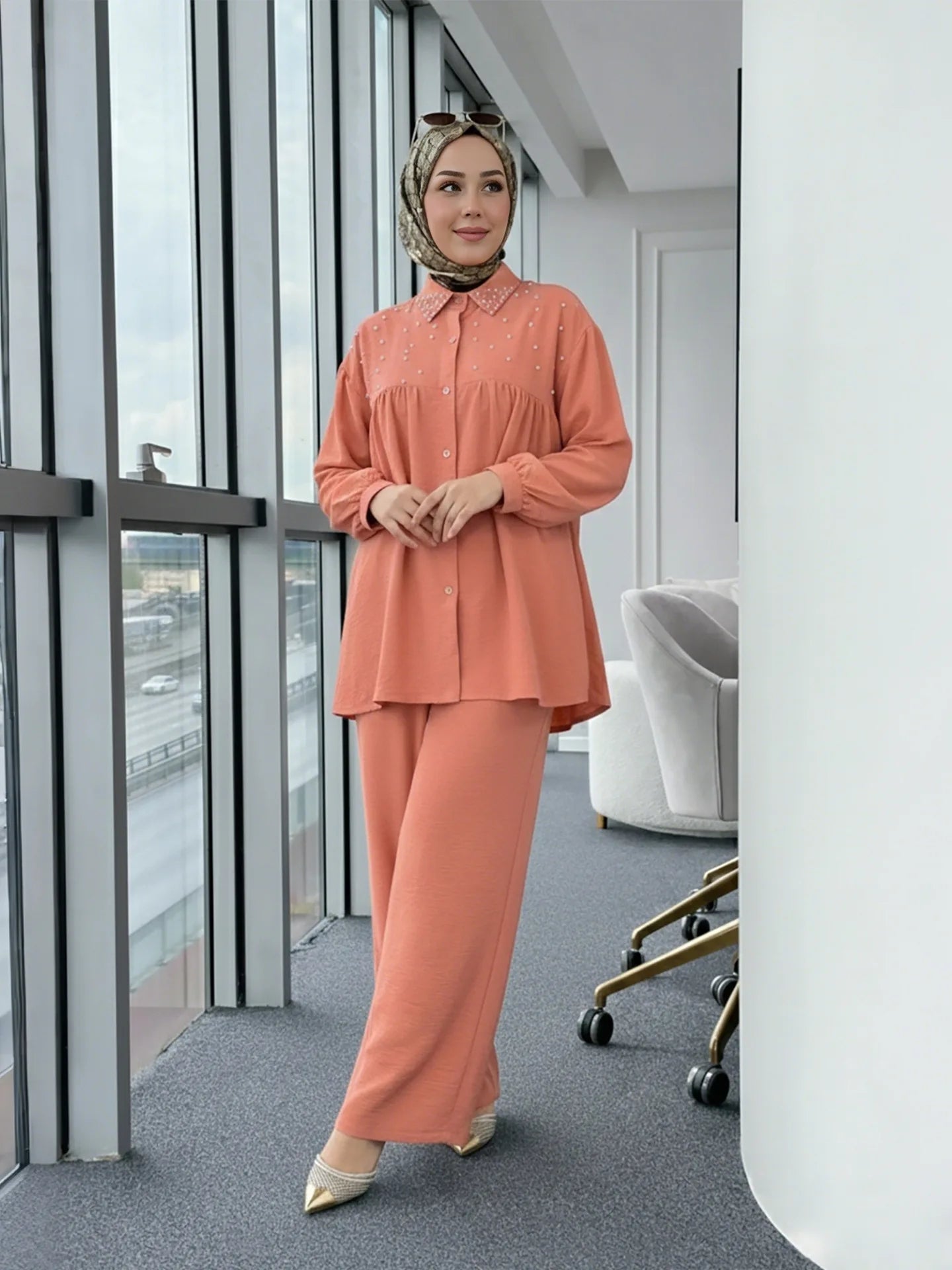 2PCS Eid Muslim Sets for Women Beaded Shirt and Pants Islam Clothing Turkey Abaya Tops Trousers Ramadan Outfits Femme Ensembles