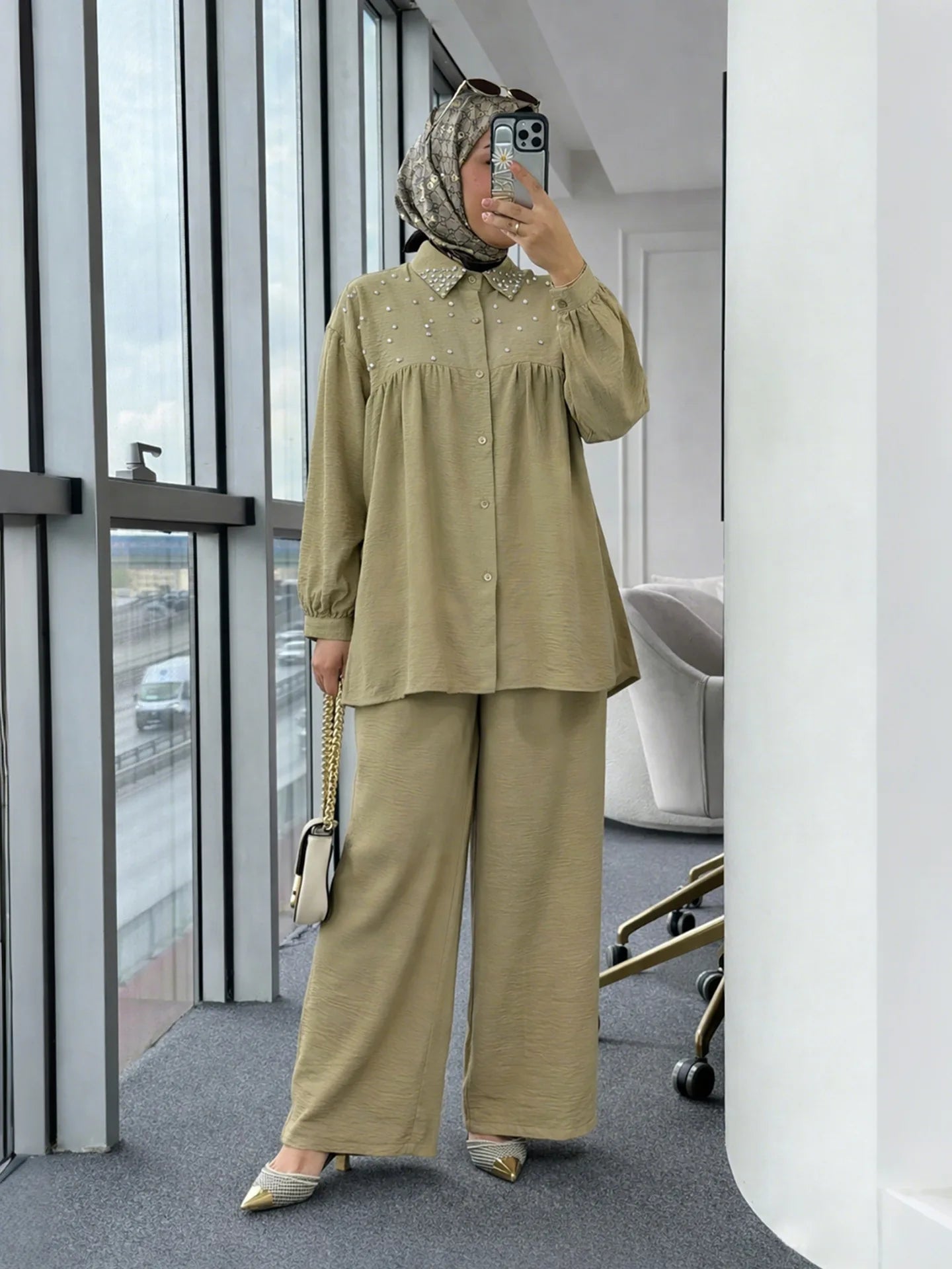 2PCS Eid Muslim Sets for Women Beaded Shirt and Pants Islam Clothing Turkey Abaya Tops Trousers Ramadan Outfits Femme Ensembles