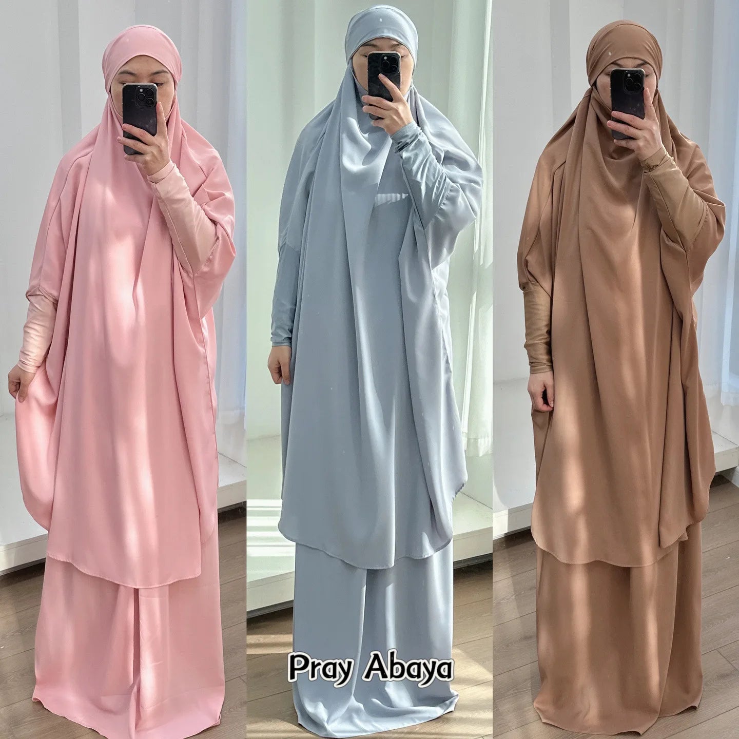 2 Piece Set Hooded Abayas and Skirt for Muslim Women Hijab Dresses Eid Ramadam Prayer Garment Islamic Clothing Pink Black