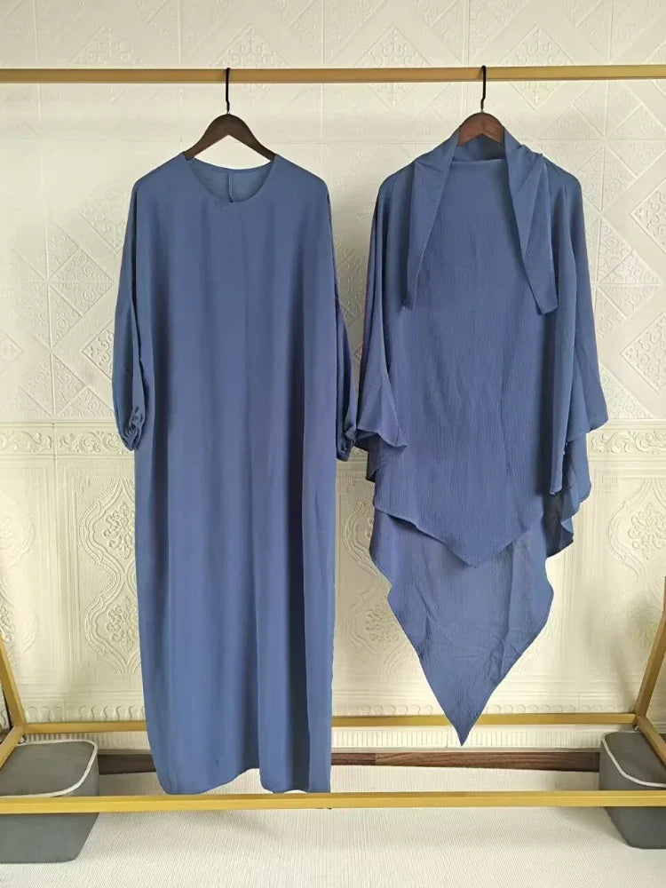 Eid Muslim Women Long Khimar 2 Piece Set Abaya Dress Prayer Garment Hijab Full Cover Islamic Ramadan Kaftan Djellaba 2023