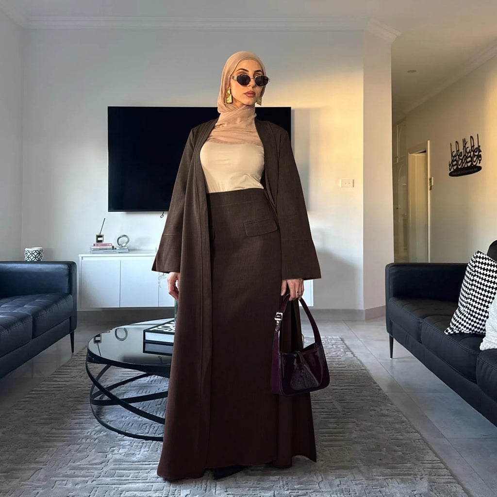 Eid Muslim Sets Women Kimono Cardigan Skirt 2 Piece Dress Turkey Outfit Islam Clothing Dubai Abaya Suit Ensemble Femme Musulmane