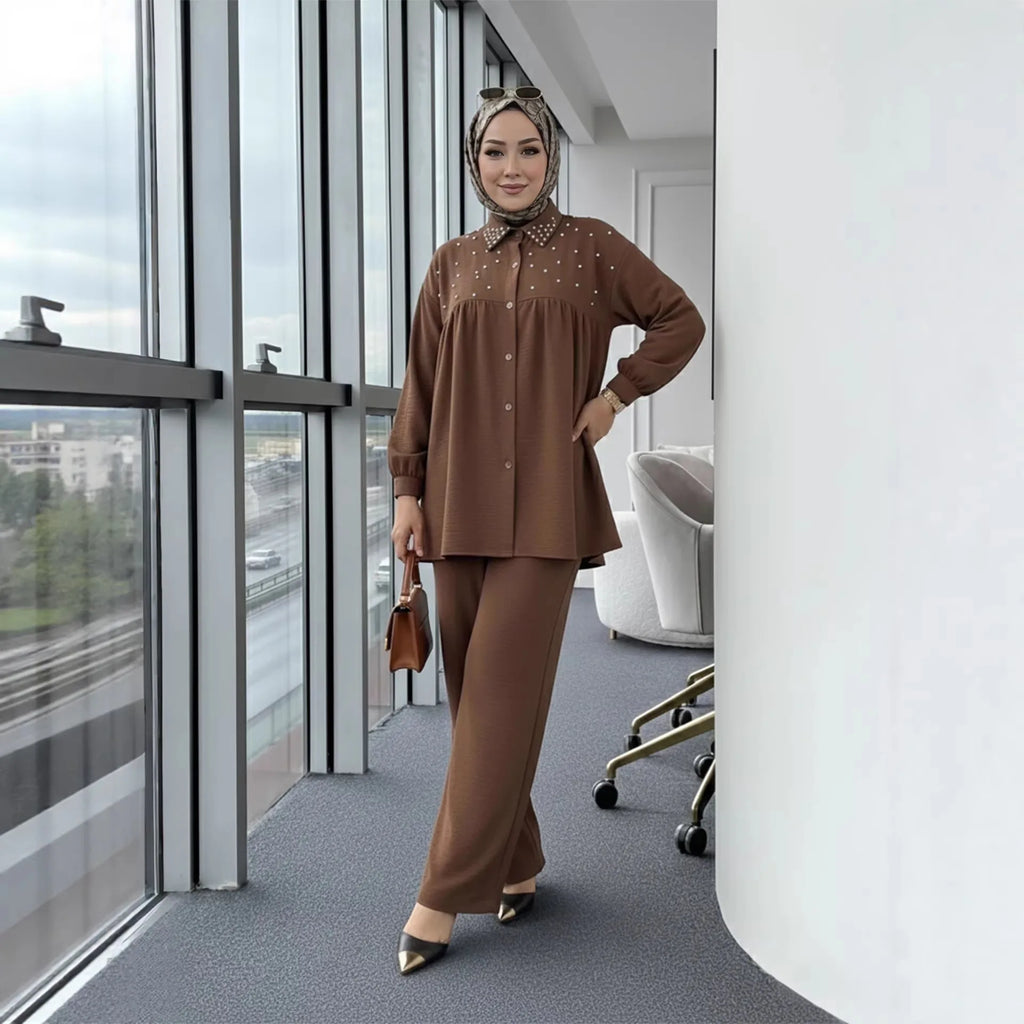 2PCS Eid Muslim Sets for Women Beaded Shirt and Pants Islam Clothing Turkey Abaya Tops Trousers Ramadan Outfits Femme Ensembles