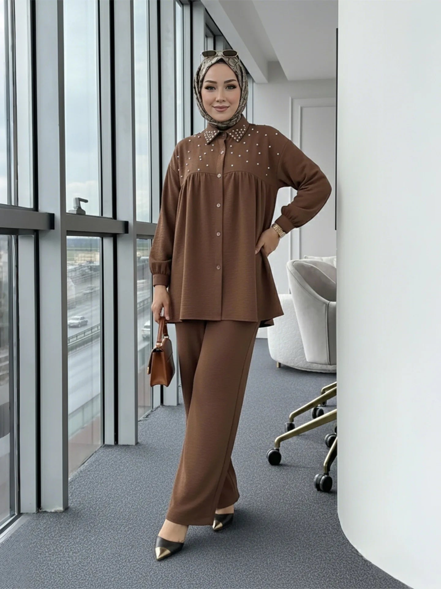 2PCS Eid Muslim Sets for Women Beaded Shirt and Pants Islam Clothing Turkey Abaya Tops Trousers Ramadan Outfits Femme Ensembles