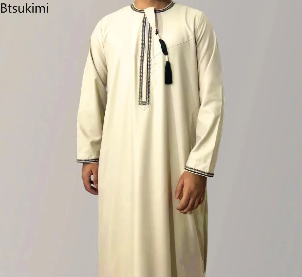 New Men's Muslim Fashion Abayas Dress O Neck Long Sleeve Pullover Kaftan Pakistan Saudi Arab Caftan Islamic Clothing Prayer Robe