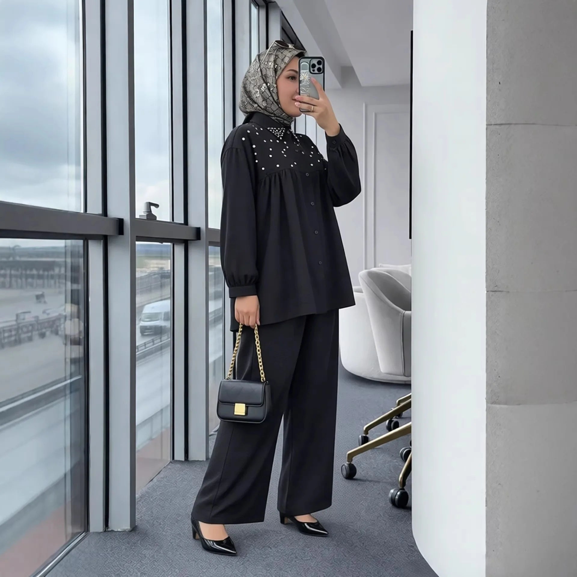 2PCS Eid Muslim Sets for Women Beaded Shirt and Pants Islam Clothing Turkey Abaya Tops Trousers Ramadan Outfits Femme Ensembles