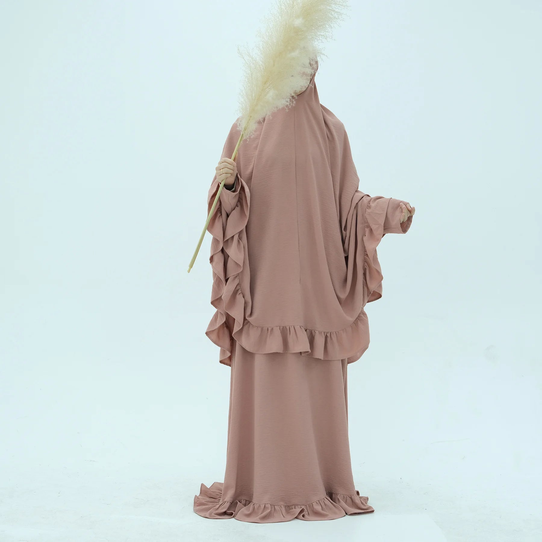 Muslim Set Hijabi Ruffles Jilbab 2 Piece Set Extra Long Khimar Scarf  Abaya Dress Dubai Muslim Women Islamic Prayer Clothes Suit