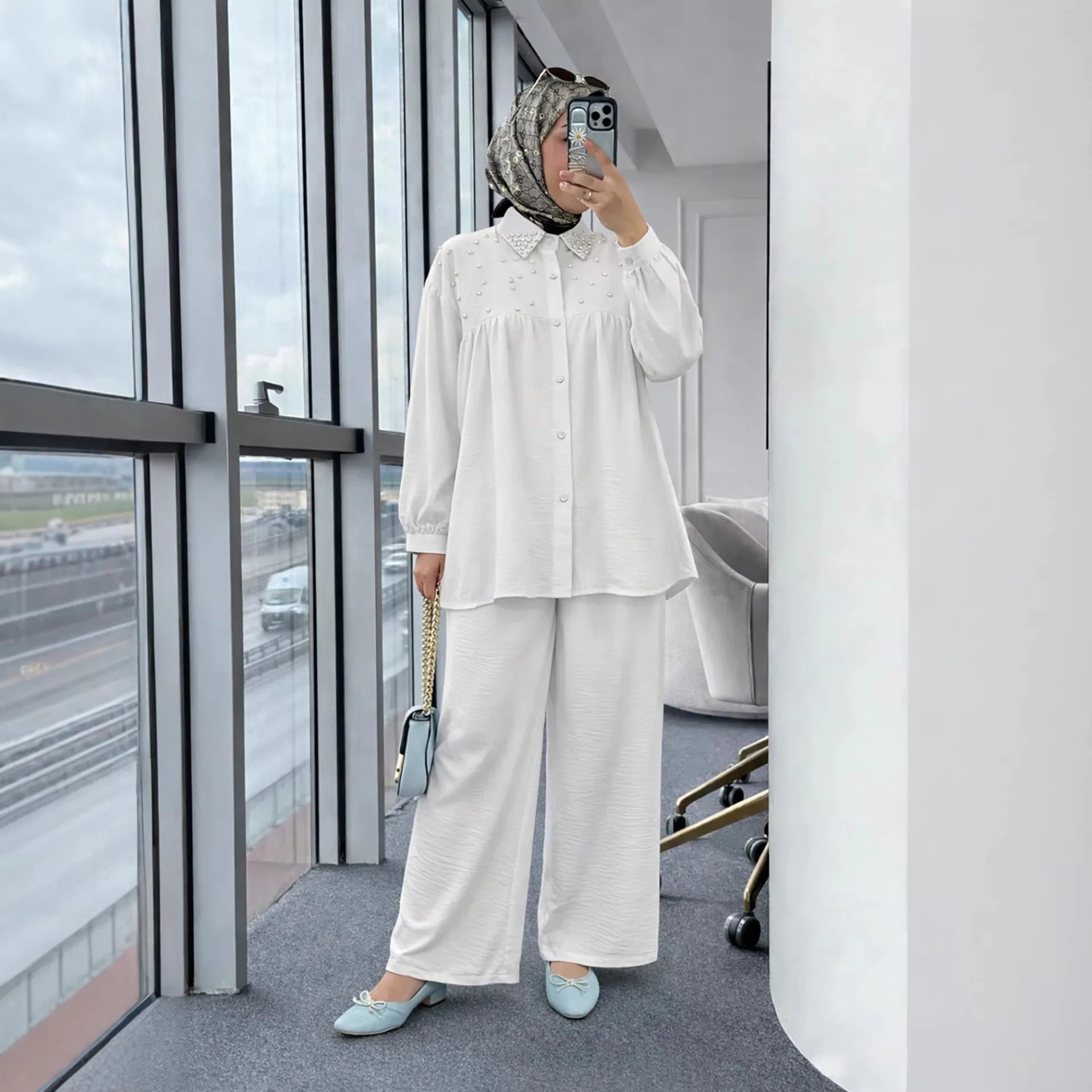 2PCS Eid Muslim Sets for Women Beaded Shirt and Pants Islam Clothing Turkey Abaya Tops Trousers Ramadan Outfits Femme Ensembles