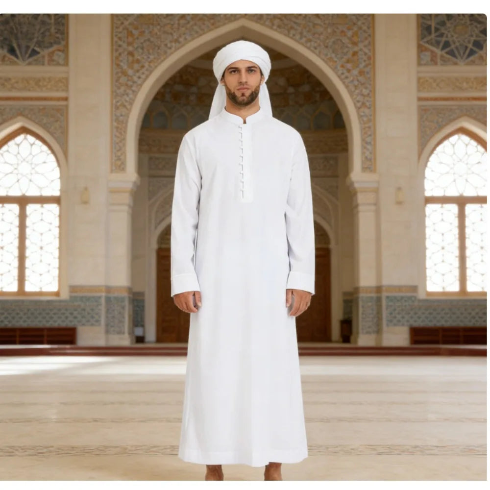 Men Muslim Robe Loose Fit Tropical Long Dress with Stand Collar New Round Neck Arabic Middle East Islamic Clothing for Men