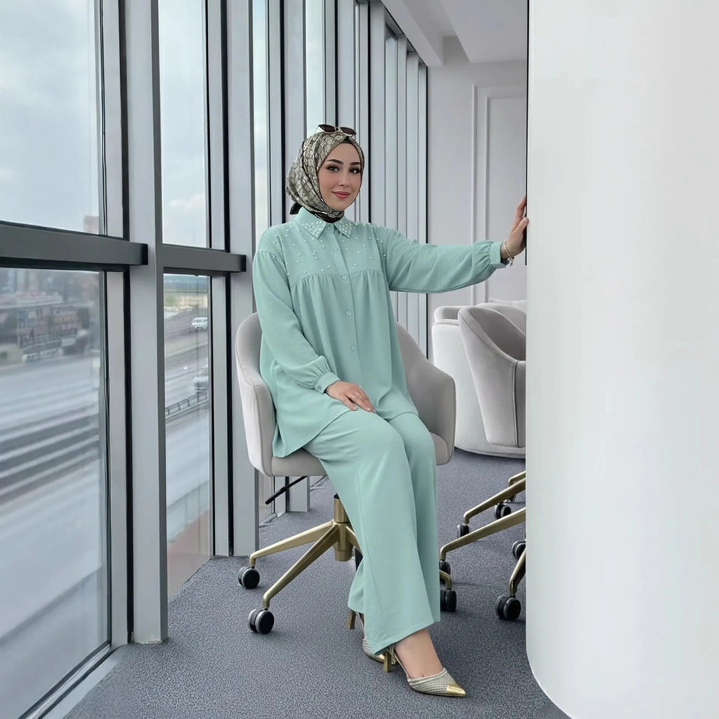 2PCS Eid Muslim Sets for Women Beaded Shirt and Pants Islam Clothing Turkey Abaya Tops Trousers Ramadan Outfits Femme Ensembles