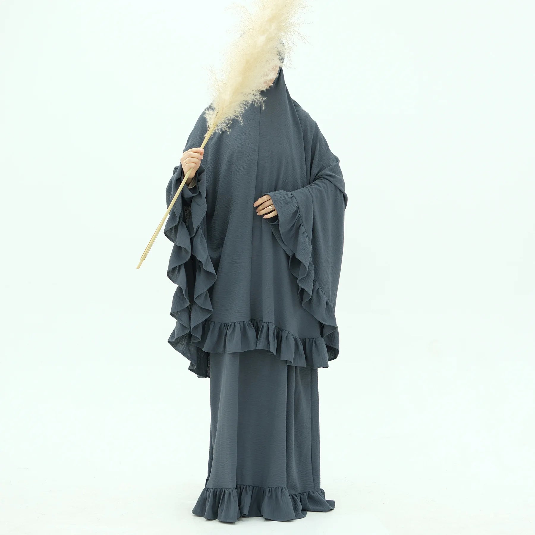 Muslim Set Hijabi Ruffles Jilbab 2 Piece Set Extra Long Khimar Scarf  Abaya Dress Dubai Muslim Women Islamic Prayer Clothes Suit