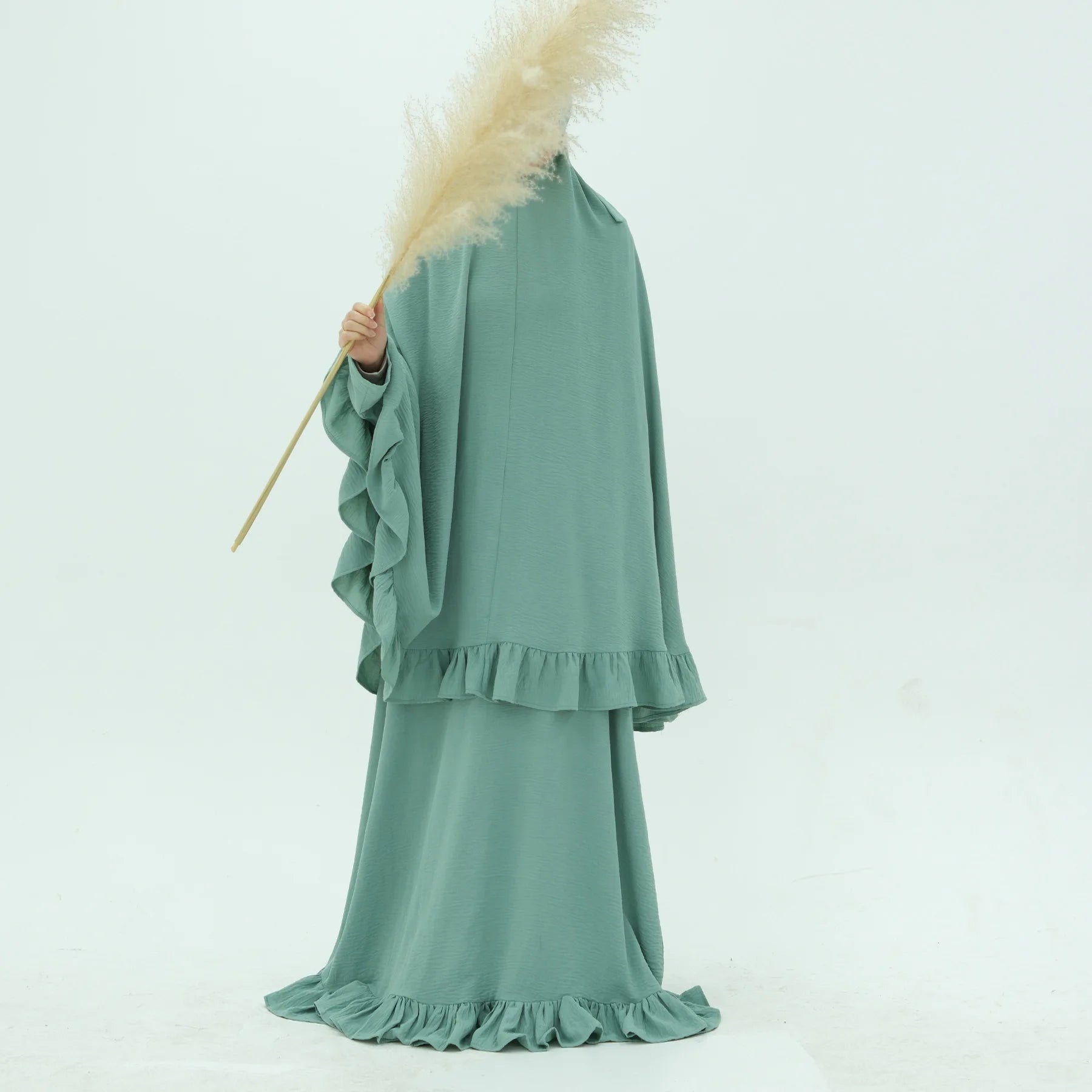 Muslim Set Hijabi Ruffles Jilbab 2 Piece Set Extra Long Khimar Scarf  Abaya Dress Dubai Muslim Women Islamic Prayer Clothes Suit