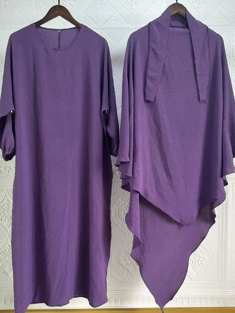 Eid Muslim Women Long Khimar 2 Piece Set Abaya Dress Prayer Garment Hijab Full Cover Islamic Ramadan Kaftan Djellaba 2023