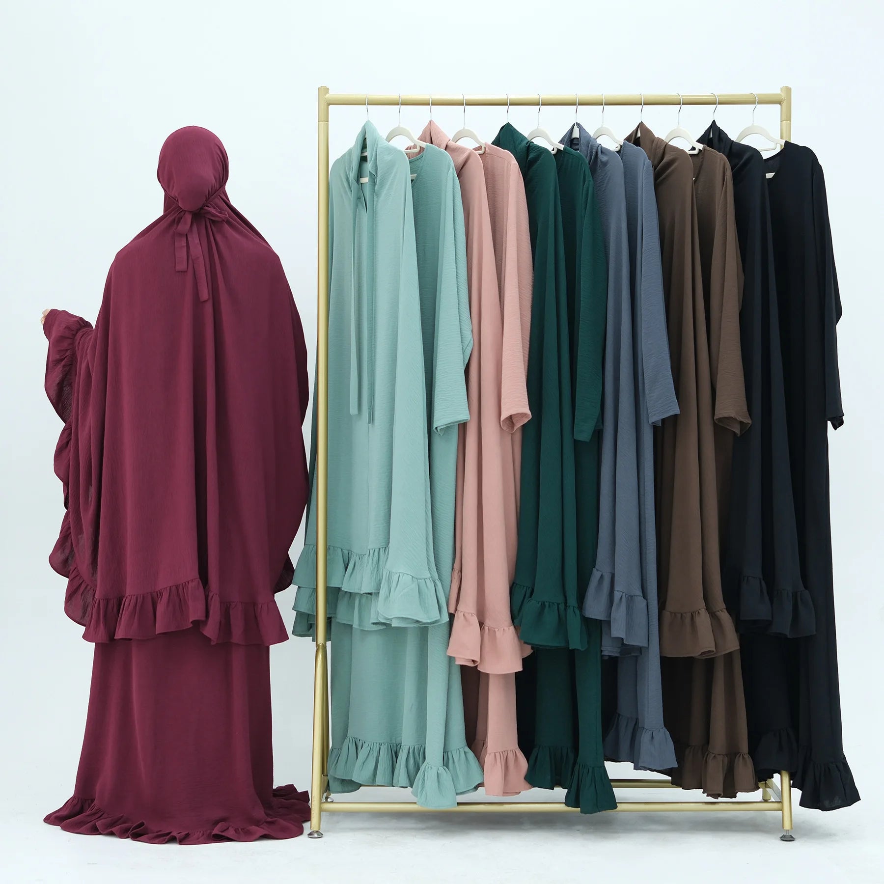 Muslim Set Hijabi Ruffles Jilbab 2 Piece Set Extra Long Khimar Scarf  Abaya Dress Dubai Muslim Women Islamic Prayer Clothes Suit