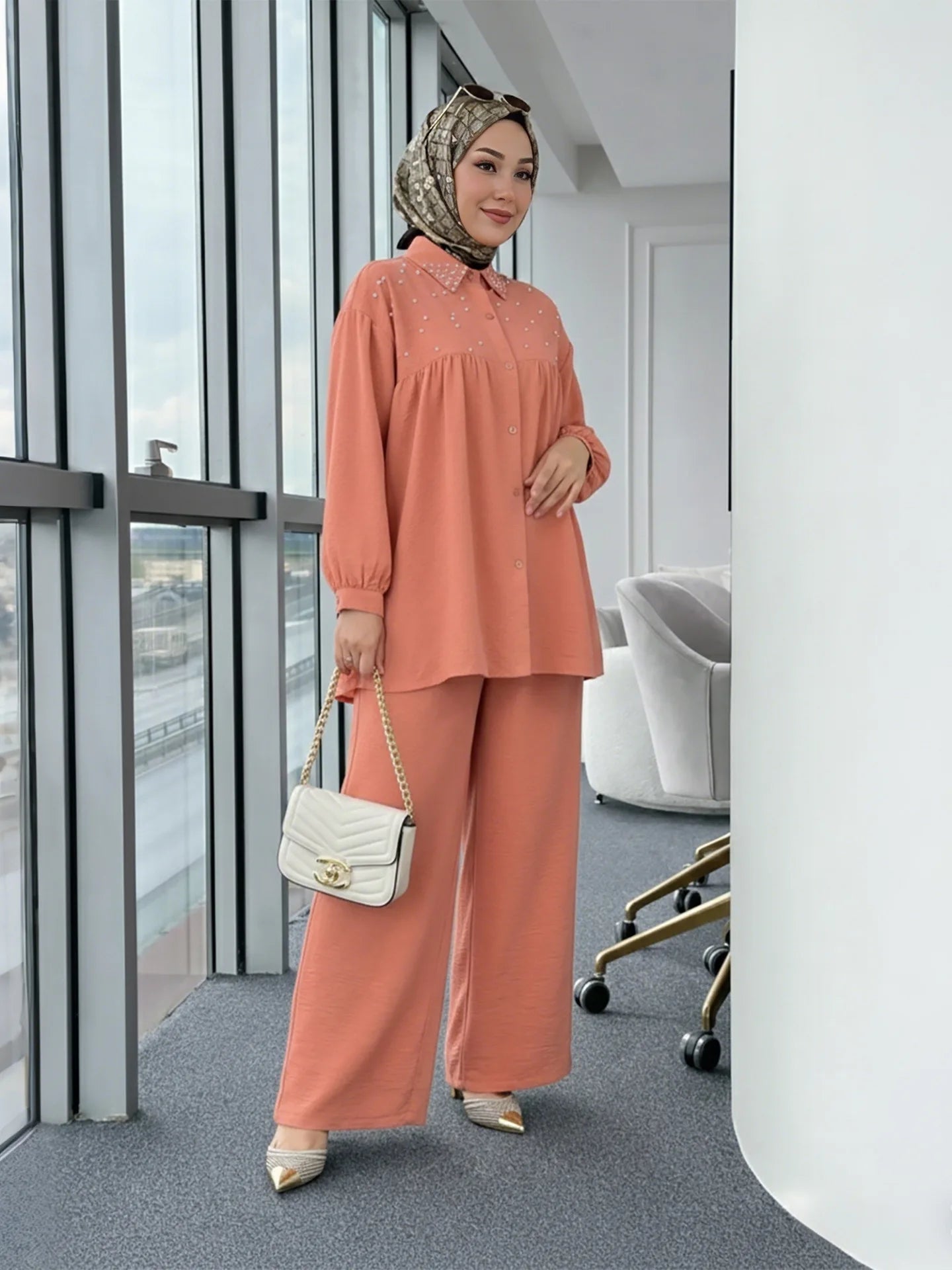 2PCS Eid Muslim Sets for Women Beaded Shirt and Pants Islam Clothing Turkey Abaya Tops Trousers Ramadan Outfits Femme Ensembles