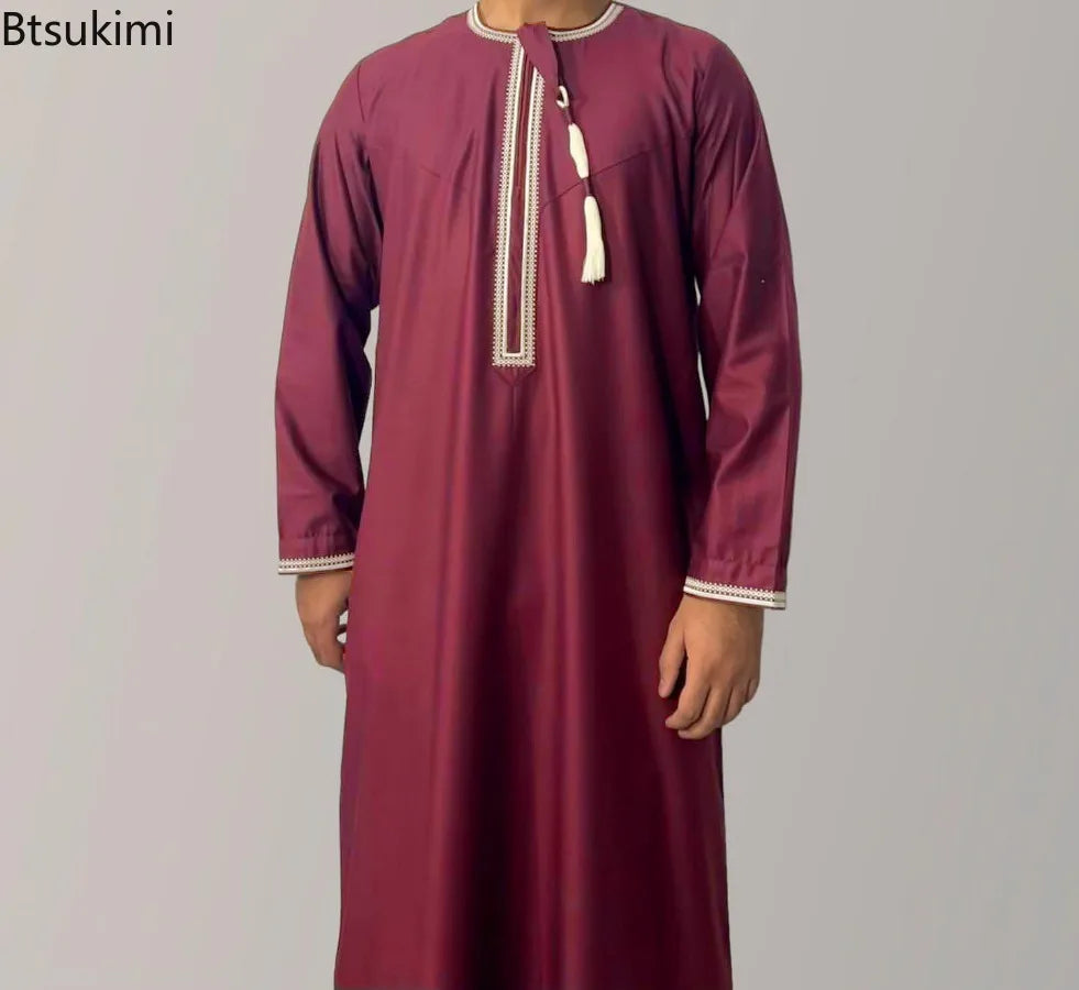 New Men's Muslim Fashion Abayas Dress O Neck Long Sleeve Pullover Kaftan Pakistan Saudi Arab Caftan Islamic Clothing Prayer Robe